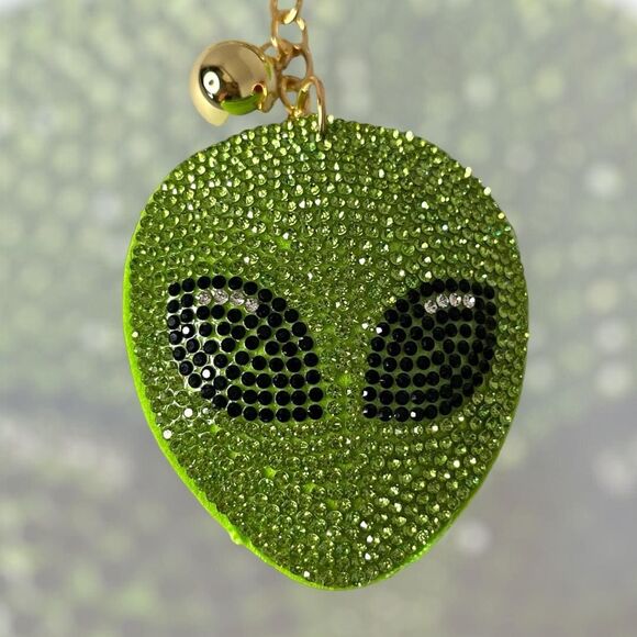 Extraterrestrial Crystal Bejeweled Keychain - Alien Head w Green Tassel - Picture 2 of 6